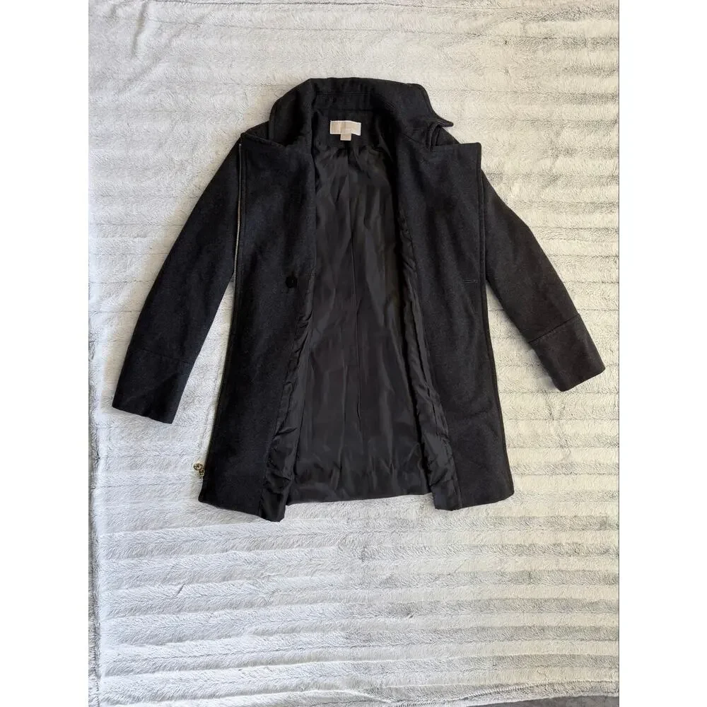 Michael Kors Wool Blend Asymmetrical Coat Size 6 Charcoal Gray Gold Zip